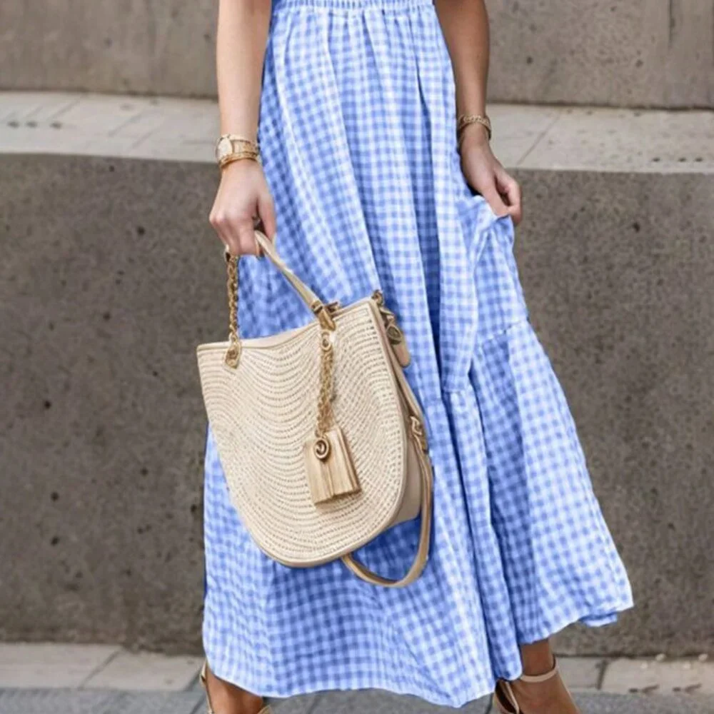 Multicolor Boho Women's Elegant Vacation Plaid Dress With Ruffled Straps - Picture 3 of 5